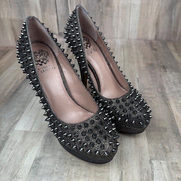 VINCE CAMUTO Black Leather MADELYN Spike Platform Pumps Women's 8.5 with Box - Picture 5 of 9